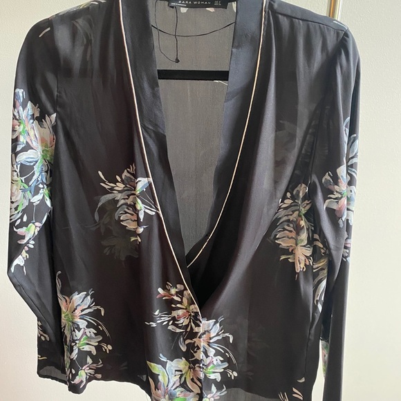 Zara Tops - Black Floral Print Wrap Blouse